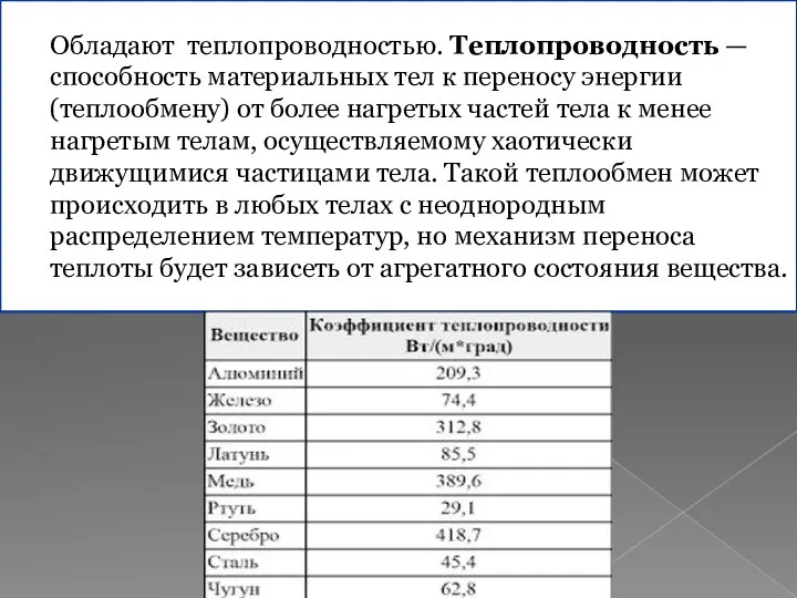 Обладают теплопроводностью. Теплопроводность — способность материальных тел к переносу энергии (теплообмену) от