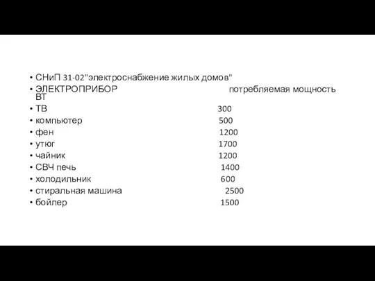СНиП 31-02"электроснабжение жилых домов" ЭЛЕКТРОПРИБОР потребляемая мощность ВТ ТВ 300 компьютер 500