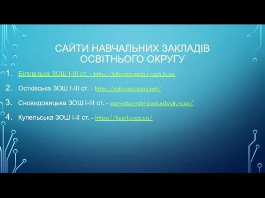 САЙТИ НАВЧАЛЬНИХ ЗАКЛАДІВ ОСВІТНЬОГО ОКРУГУ Біловізька ЗОШ І-ІІІ ст. - http://bilovizh-zosh.rv.sch.in.ua Остківська