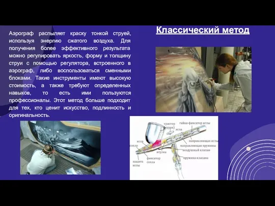 Классический метод Аэрограф распыляет краску тонкой струей, используя энергию сжатого воздуха. Для