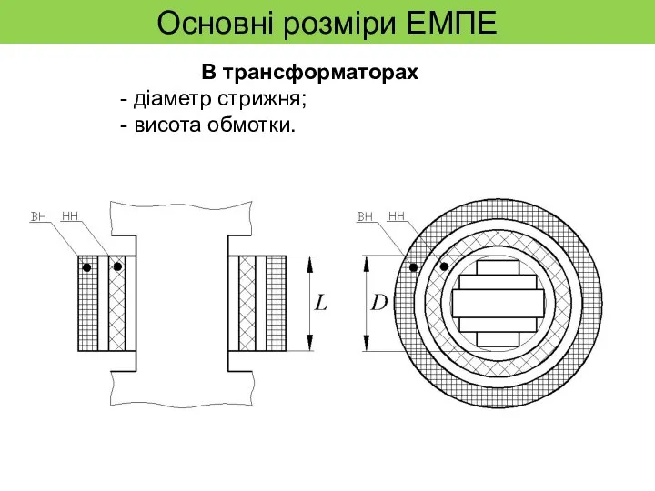 Основні розміри ЕМПЕ В трансформаторах - діаметр стрижня; - висота обмотки.