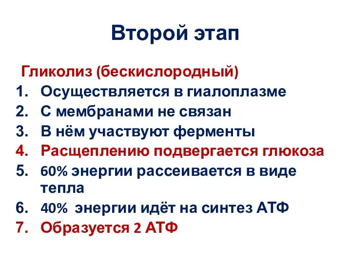 Второй этап Гликолиз (бескислородный) Осуществляется в гиалоплазме С мембранами не связан В