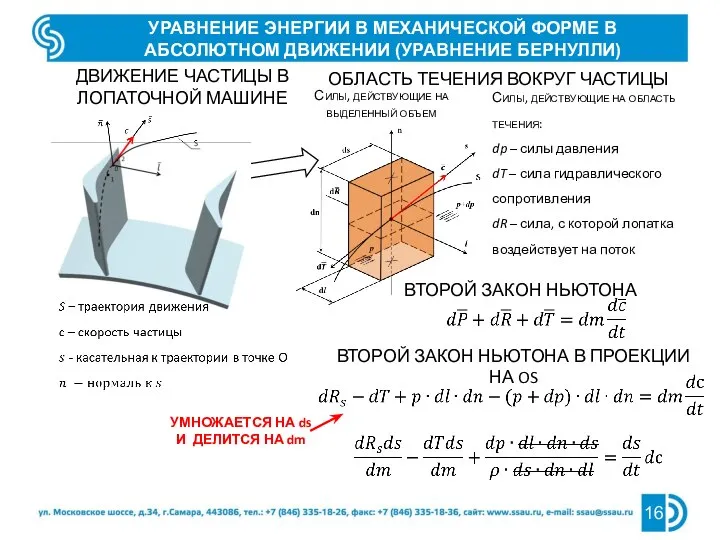 УРАВНЕНИЕ ЭНЕРГИИ В МЕХАНИЧЕСКОЙ ФОРМЕ В АБСОЛЮТНОМ ДВИЖЕНИИ (УРАВНЕНИЕ БЕРНУЛЛИ) ДВИЖЕНИЕ ЧАСТИЦЫ