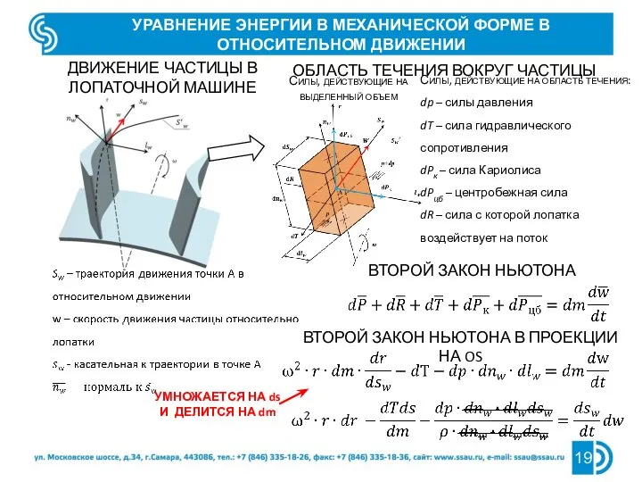 УРАВНЕНИЕ ЭНЕРГИИ В МЕХАНИЧЕСКОЙ ФОРМЕ В ОТНОСИТЕЛЬНОМ ДВИЖЕНИИ ДВИЖЕНИЕ ЧАСТИЦЫ В ЛОПАТОЧНОЙ