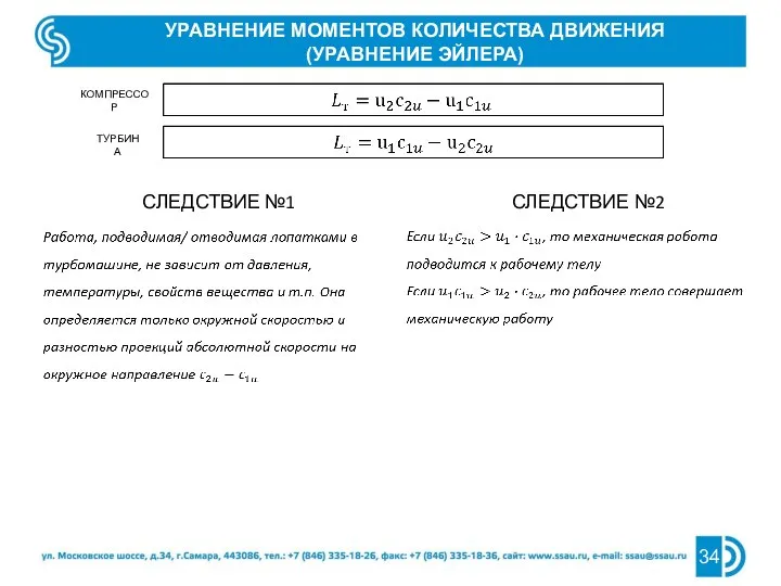 УРАВНЕНИЕ МОМЕНТОВ КОЛИЧЕСТВА ДВИЖЕНИЯ (УРАВНЕНИЕ ЭЙЛЕРА) СЛЕДСТВИЕ №1 СЛЕДСТВИЕ №2 компрессор турбина