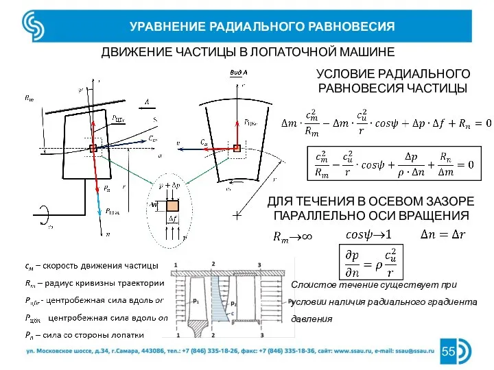 УРАВНЕНИЕ РАДИАЛЬНОГО РАВНОВЕСИЯ ДВИЖЕНИЕ ЧАСТИЦЫ В ЛОПАТОЧНОЙ МАШИНЕ УСЛОВИЕ РАДИАЛЬНОГО РАВНОВЕСИЯ ЧАСТИЦЫ