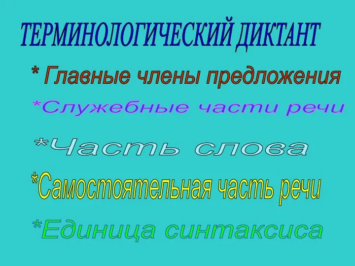 ТЕРМИНОЛОГИЧЕСКИЙ ДИКТАНТ * Главные члены предложения *Служебные части речи *Часть слова *Самостоятельная часть речи *Единица синтаксиса