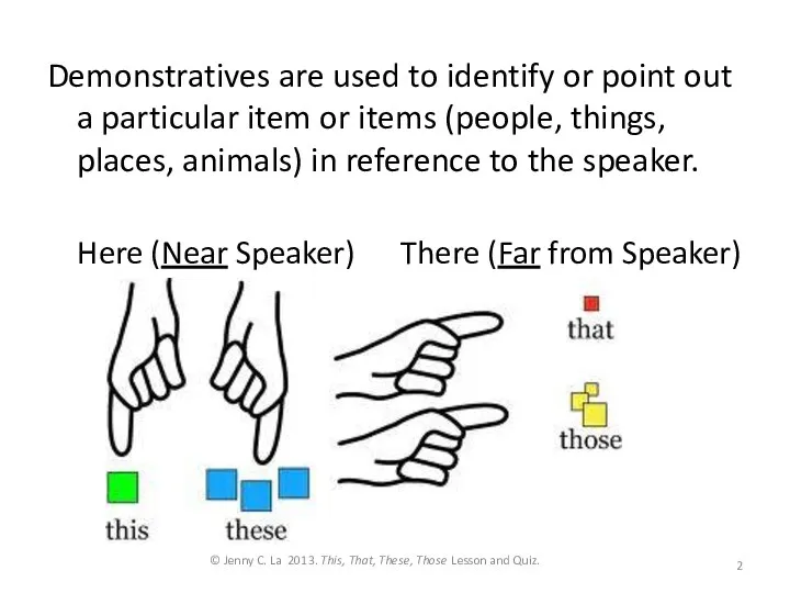Demonstratives are used to identify or point out a particular item or