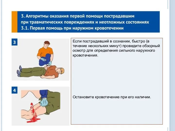 Если пострадавший в сознании, быстро (в течение нескольких минут) проведите обзорный осмотр