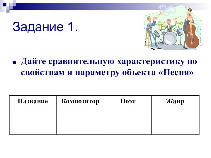 Задание 1. Дайте сравнительную характеристику по свойствам и параметру объекта «Песня»