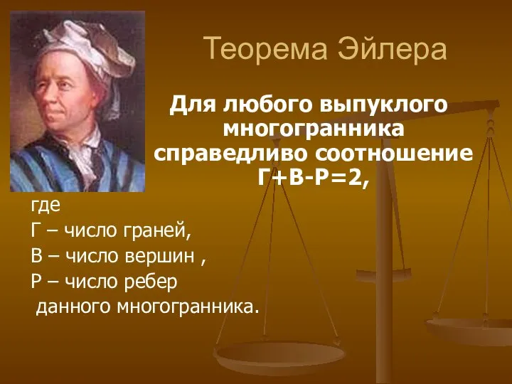 Теорема Эйлера Для любого выпуклого многогранника справедливо соотношение Г+В-Р=2, где Г –