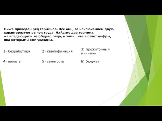 Ниже приведён ряд терминов. Все они, за ис­клю­че­ни­ем двух, ха­рак­те­ри­зу­ют рынок труда.