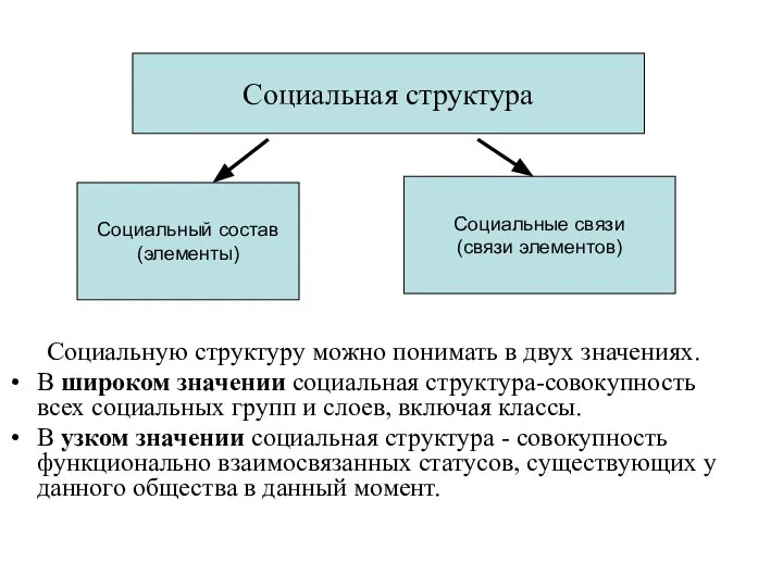 Социальную структуру можно понимать в двух значениях. В широком значении социальная структура-совокупность