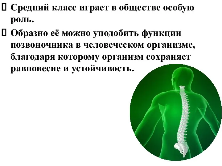 Средний класс играет в обществе особую роль. Образно её можно уподобить функции