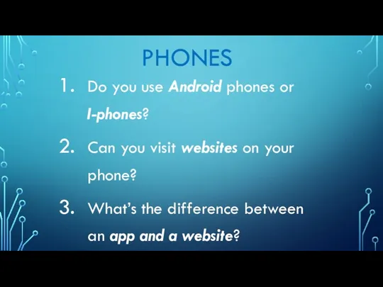 PHONES Do you use Android phones or I-phones? Can you visit websites