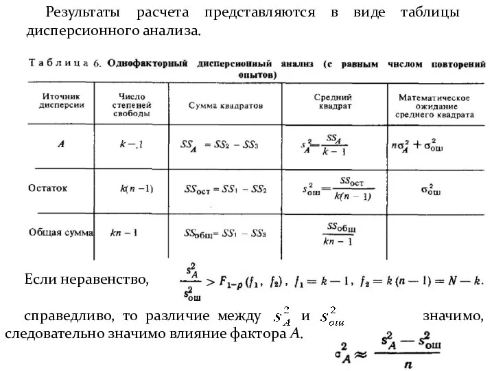 Результаты расчета представляются в виде таблицы дисперсионного анализа. Если неравенство, справедливо, то