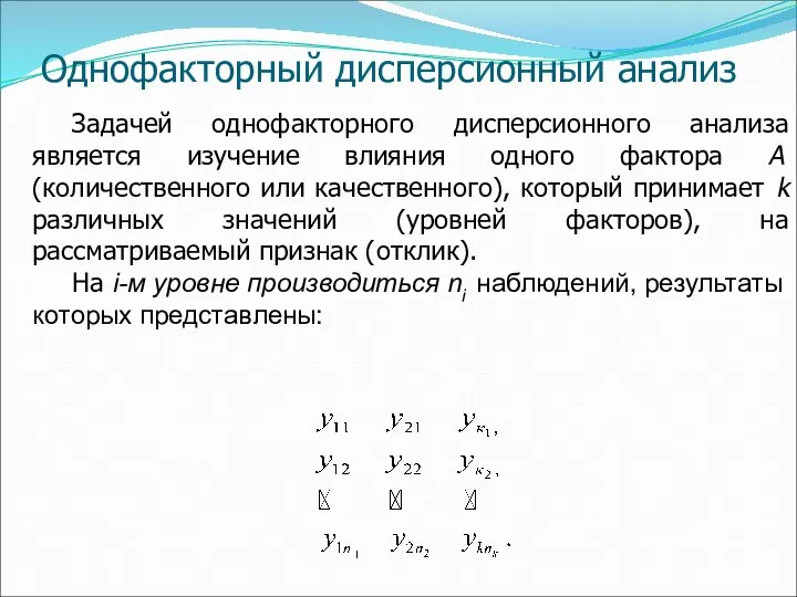 Однофакторный дисперсионный анализ Задачей однофакторного дисперсионного анализа является изучение влияния одного фактора