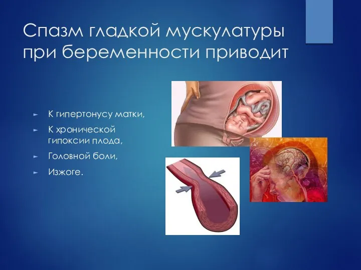 Спазм гладкой мускулатуры при беременности приводит К гипертонусу матки, К хронической гипоксии плода, Головной боли, Изжоге.