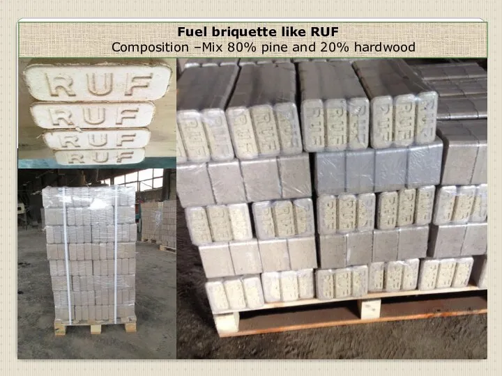 Fuel briquette like RUF Composition –Mix 80% pine and 20% hardwood