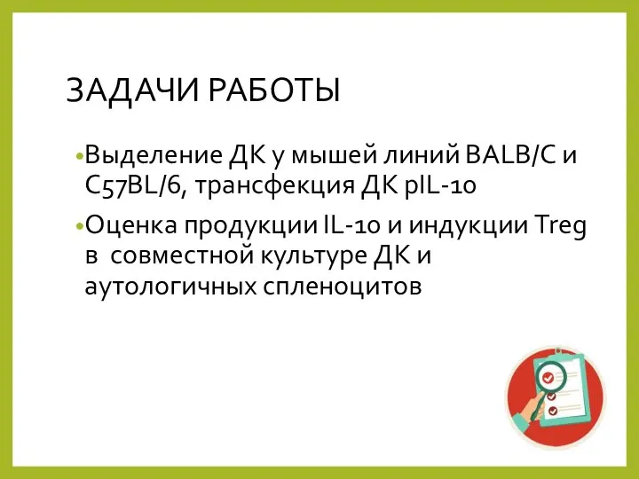 ЗАДАЧИ РАБОТЫ Выделение ДК у мышей линий BALB/C и C57BL/6, трансфекция ДК