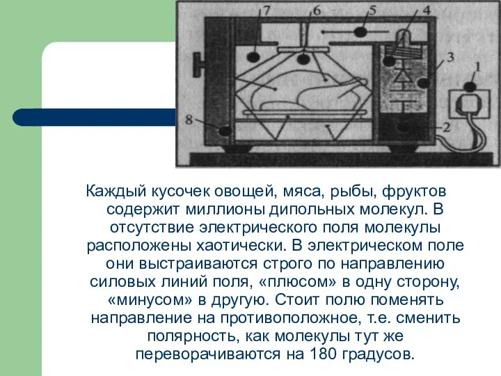 Каждый кусочек овощей, мяса, рыбы, фруктов содержит миллионы дипольных молекул. В отсутствие