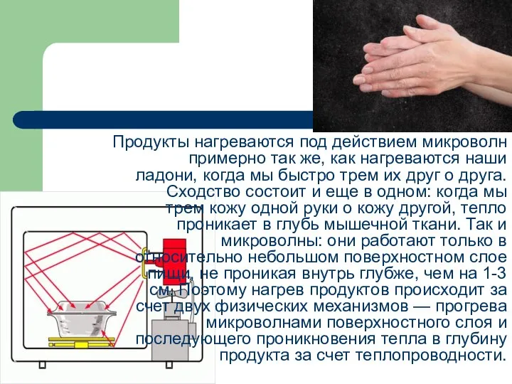 Продукты нагреваются под действием микроволн примерно так же, как нагреваются наши ладони,