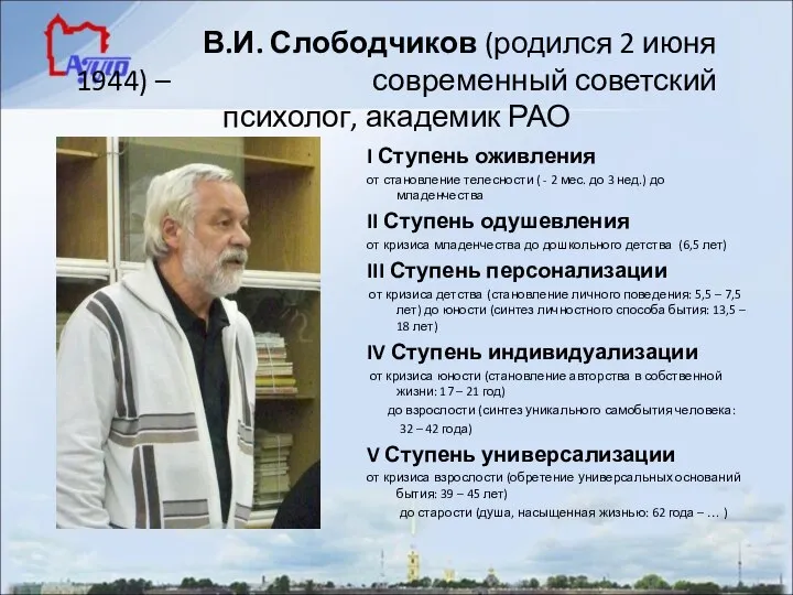 В.И. Слободчиков (родился 2 июня 1944) – современный советский психолог, академик РАО