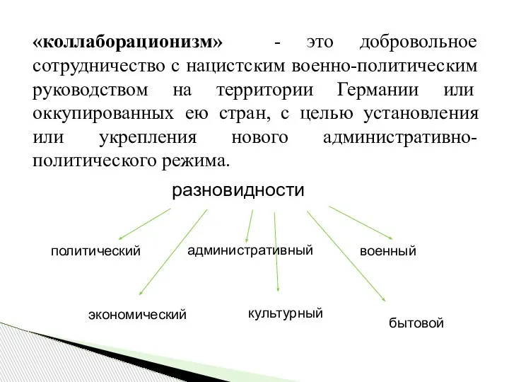 разновидности «коллаборационизм» - это добровольное сотрудничество с нацистским военно-политическим руководством на территории