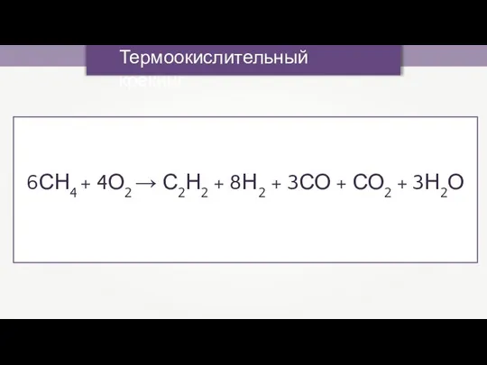 Термоокислительный крекинг 6СН4 + 4О2 → С2Н2 + 8Н 2 + 3СО + СО2 + 3Н2О