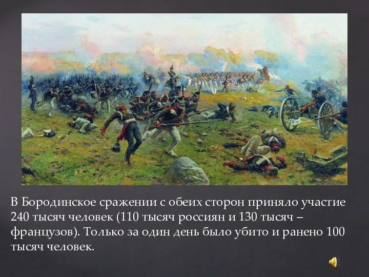 В Бородинское сражении с обеих сторон приняло участие 240 тысяч человек (110