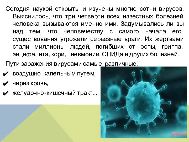 Сегодня наукой открыты и изучены многие сотни вирусов. Выяснилось, что три четверти