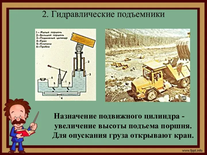 2. Гидравлические подъемники Назначение подвижного цилиндра - увеличение высоты подъема поршня. Для опускания груза открывают кран.