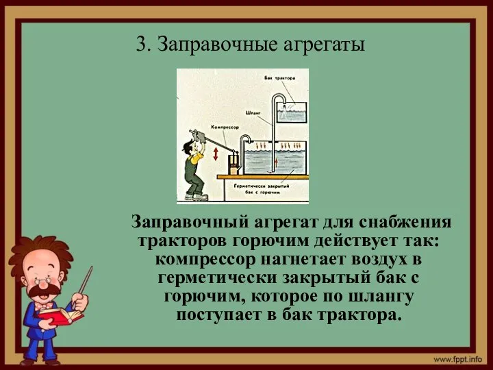 3. Заправочные агрегаты Заправочный агрегат для снабжения тракторов горючим действует так: компрессор