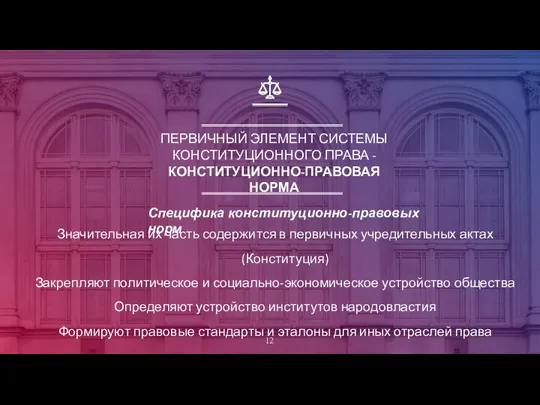 ПЕРВИЧНЫЙ ЭЛЕМЕНТ СИСТЕМЫ КОНСТИТУЦИОННОГО ПРАВА - КОНСТИТУЦИОННО-ПРАВОВАЯ НОРМА Специфика конституционно-правовых норм Значительная