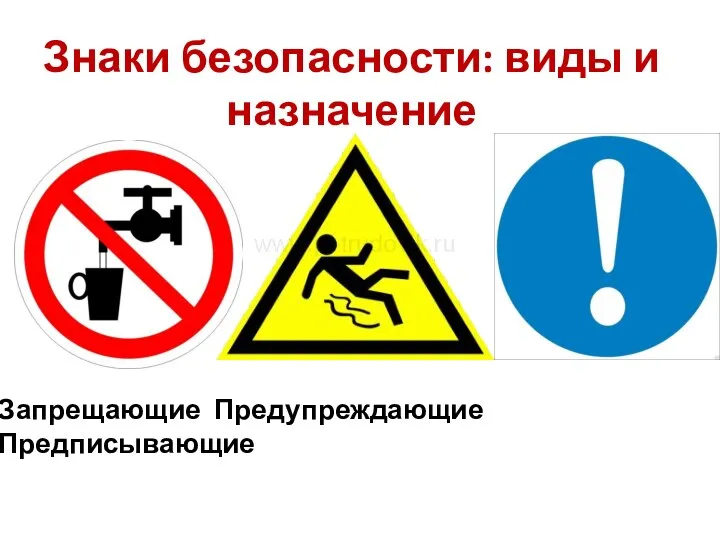 Знаки безопасности: виды и назначение Запрещающие Предупреждающие Предписывающие