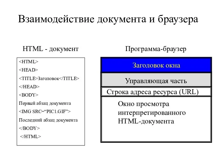 Заголовок Первый абзац документа Последний абзац документа HTML - документ Программа-браузер Управляющая
