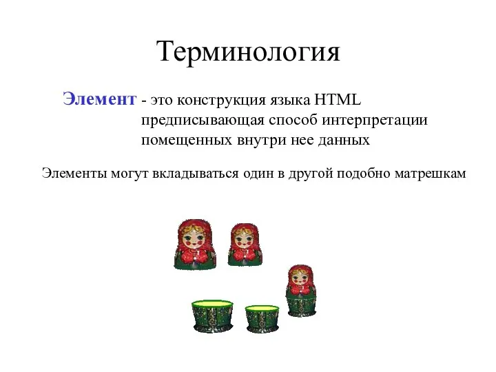 Терминология - это конструкция языка HTML предписывающая способ интерпретации помещенных внутри нее