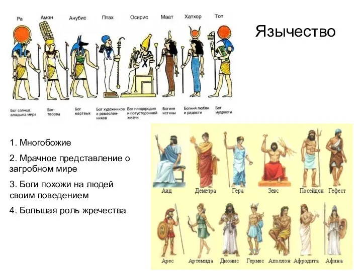 Язычество 1. Многобожие 2. Мрачное представление о загробном мире 3. Боги похожи