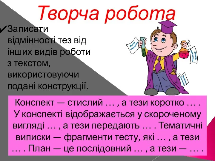 Конспект — стислий … , а тези коротко … . У конспекті