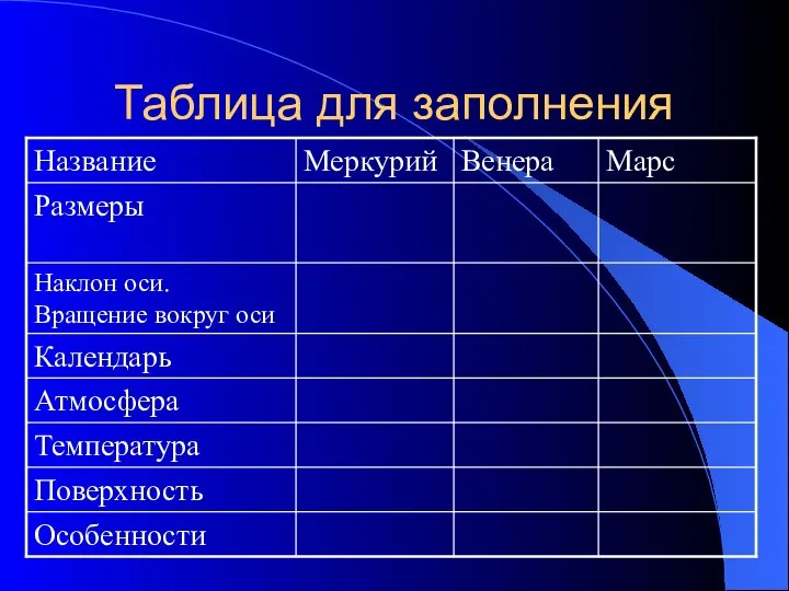 Таблица для заполнения