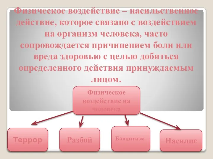 Физическое воздействие – насильственное действие, которое связано с воздействием на организм человека,