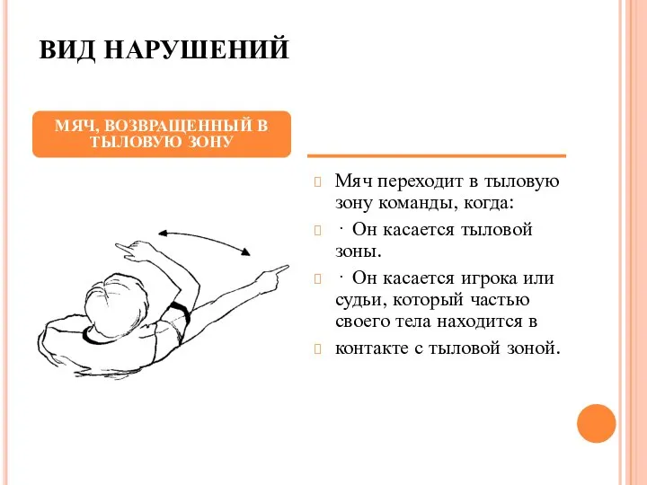 ВИД НАРУШЕНИЙ Мяч переходит в тыловую зону команды, когда: · Он касается