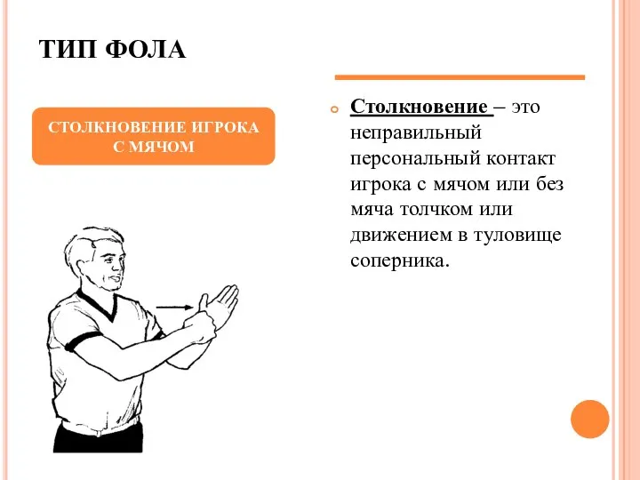 ТИП ФОЛА Столкновение – это неправильный персональный контакт игрока с мячом или