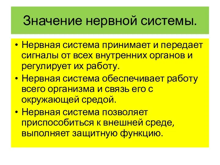 Значение нервной системы. Нервная система принимает и передает сигналы от всех внутренних