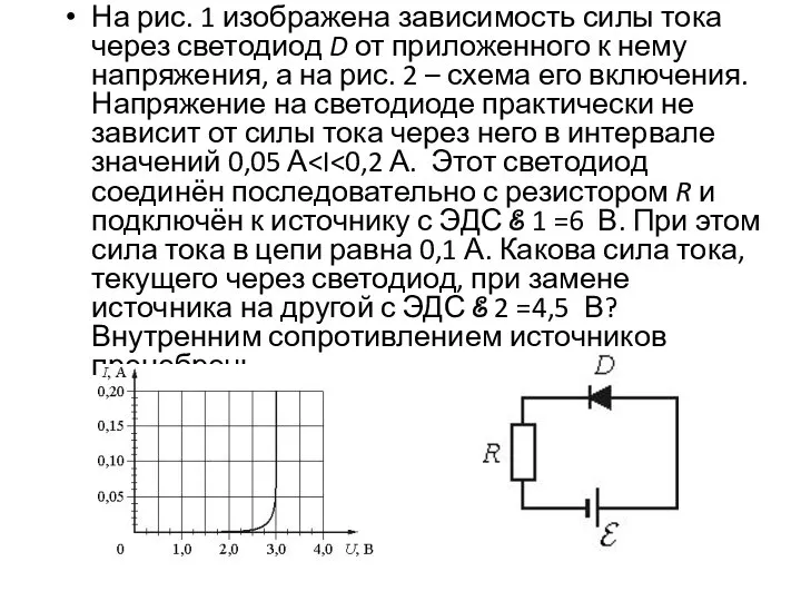 На рис. 1 изображена зависимость силы тока через светодиод D от приложенного