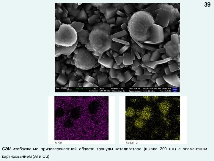 СЭМ-изображение приповерхностной области гранулы катализатора (шкала 200 нм) c элементным картированием (Al и Cu) 39