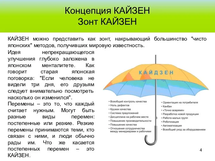 Концепция КАЙЗЕН Зонт КАЙЗЕН КАЙЗЕН можно представить как зонт, накрывающий большинство "чисто