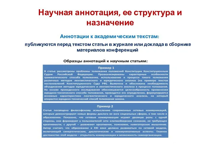 Научная аннотация, ее структура и назначение Аннотации к академическим текстам: публикуются перед