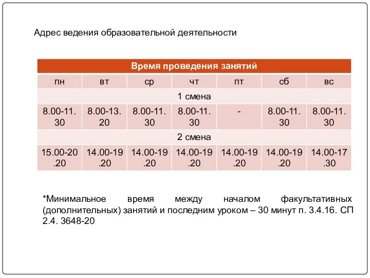 Адрес ведения образовательной деятельности *Минимальное время между началом факультативных (дополнительных) занятий и