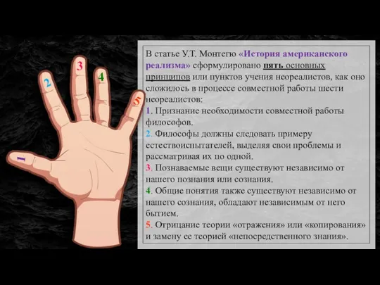 В статье У.Т. Монтегю «История американского реализма» сформулировано пять основных принципов или